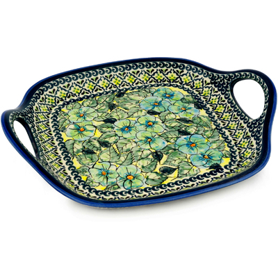 Polish Pottery Tray with Handles 10&quot; Peek-a-blue UNIKAT