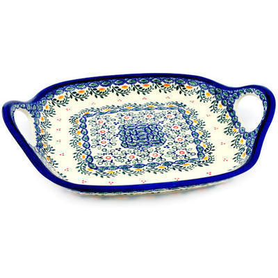 Polish Pottery Tray with Handles 10&quot; Tatted Flower UNIKAT