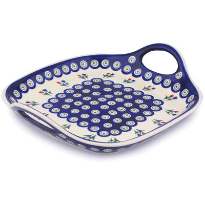 Polish Pottery Tray with Handles 10&quot; Tulip Pair Peacock