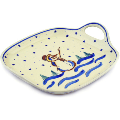 Polish Pottery Tray with Handles 10&quot; Winter Snowman