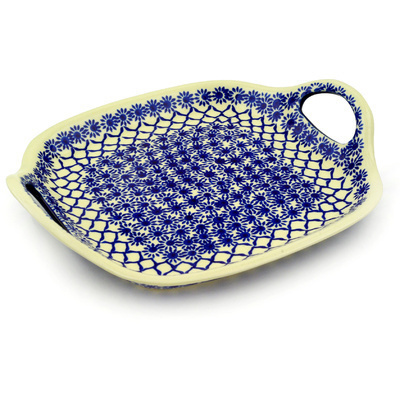 Polish Pottery Tray with Handles 10&quot; Woven Blue Astrids