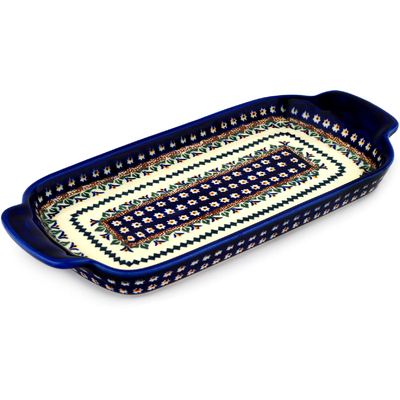 Polish Pottery Tray with Handles 12-inch Floral Peacock UNIKAT