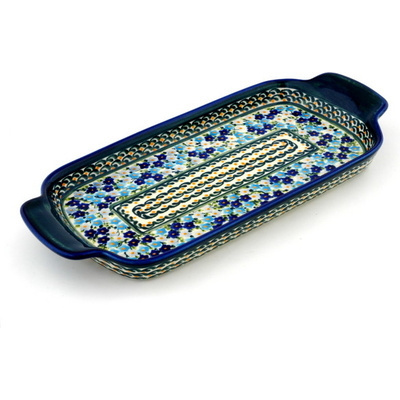 Polish Pottery Tray with Handles 12-inch Forget Me Not Basket UNIKAT
