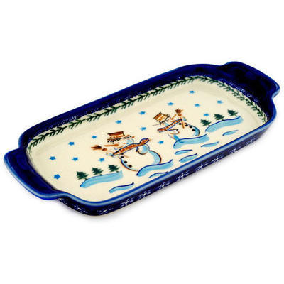 Polish Pottery Tray with Handles 12-inch Friendly Snowmen