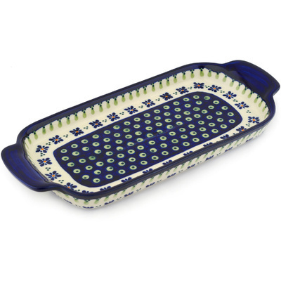 Polish Pottery Tray with Handles 12-inch Green Gingham Peacock