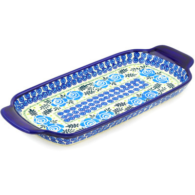Polish Pottery Tray with Handles 12-inch Lady Blue Roses UNIKAT