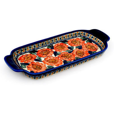 Polish Pottery Tray with Handles 12-inch Peach Poppies UNIKAT