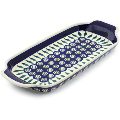 Polish Pottery Tray with Handles 12-inch Peacock Leaves