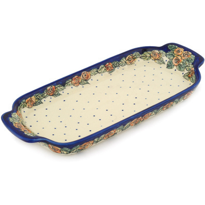 Polish Pottery Tray with Handles 12-inch Red Cabbage Roses