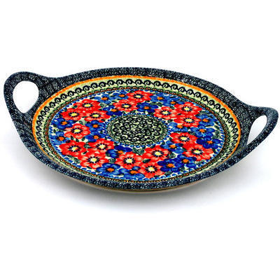 Polish Pottery Tray with Handles 13&quot; Blue And Red Poppies UNIKAT