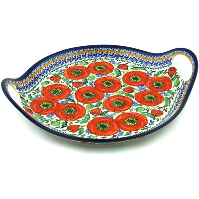 Polish Pottery Tray with Handles 13&quot; Bursts Of Red UNIKAT
