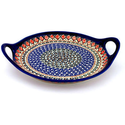 Polish Pottery Tray with Handles 13&quot; Coral Diamonds UNIKAT