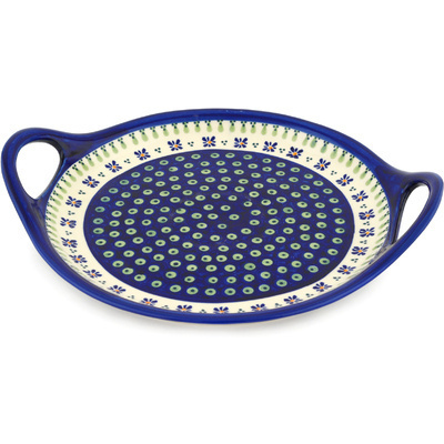 Polish Pottery Tray with Handles 13&quot; Green Gingham Peacock