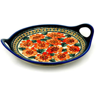 Polish Pottery Tray with Handles 13&quot; Peach Poppies UNIKAT