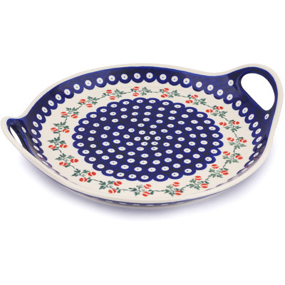 Polish Pottery Tray with Handles 13&quot; Peachy Peacock