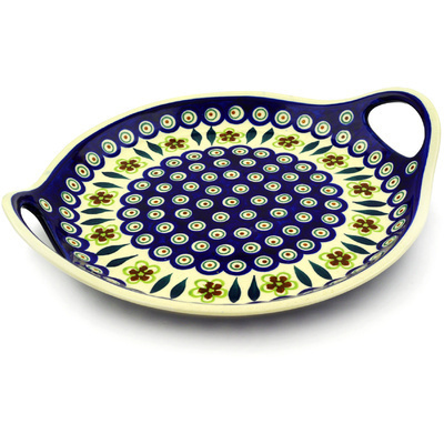 Polish Pottery Tray with Handles 13&quot; Peacock Garden