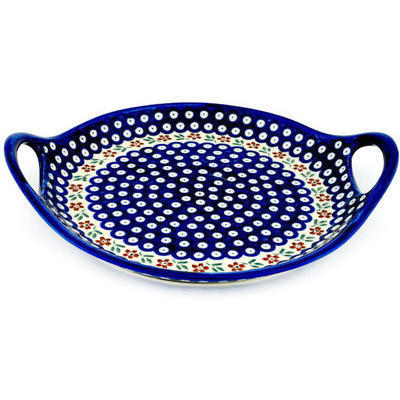 Polish Pottery Tray with Handles 13&quot; Red Daisy Peacock