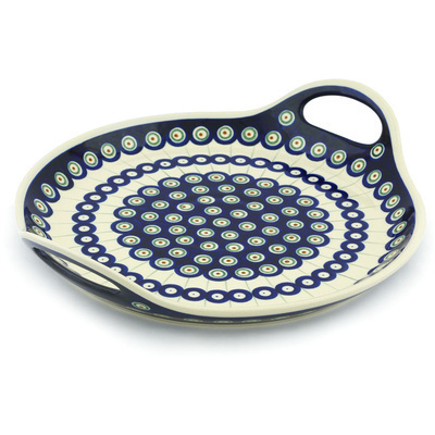 Polish Pottery Tray with Handles 13&quot; Traditional Peacock