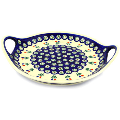 Polish Pottery Tray with Handles 13&quot; Tulip Pair Peacock