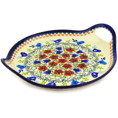 Polish Pottery Tray with Handles 13&quot; Vine Birds UNIKAT