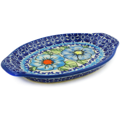Polish Pottery Tray with Handles 7&quot; Bold Blue Poppies UNIKAT
