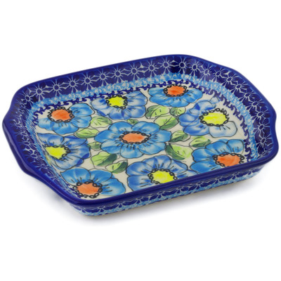 Polish Pottery Tray with Handles 8&quot; Bold Blue Poppies UNIKAT