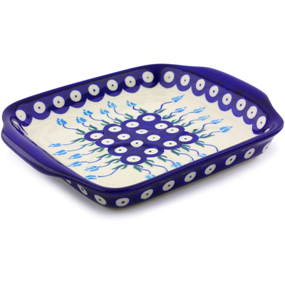 Polish Pottery Tray with Handles 8&quot; Peacock Tulip Garden