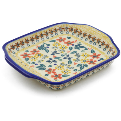 Polish Pottery Tray with Handles 8&quot; Red Anemone Meadow UNIKAT