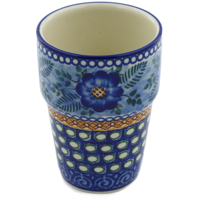 Polish Pottery Tumbler 7 oz Blue Poppy Circle UNIKAT