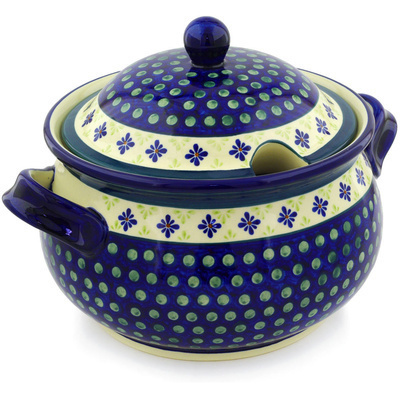Polish Pottery Tureen 21 Cup Green Gingham Peacock