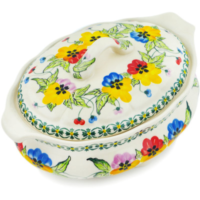 Polish Pottery Tureen 42 oz Pretty Pansy UNIKAT