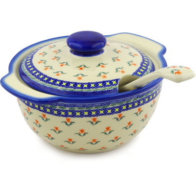 Polish Pottery Tureen with Ladle 101 oz Cocentric Tulips