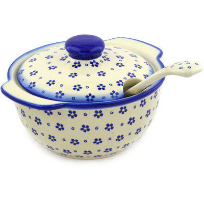 Polish Pottery Tureen with Ladle 101 oz Forget Me Not Swirls