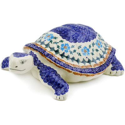 Polish Pottery Turtle Figurine 11&quot; Blue Cornflower