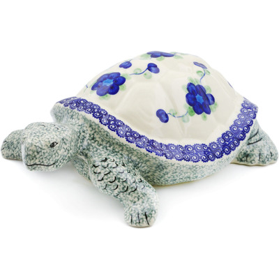 Polish Pottery Turtle Figurine 11&quot; Blue Poppies