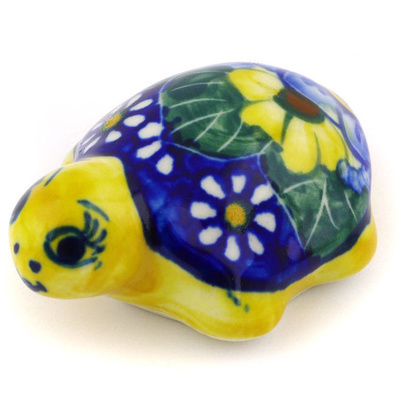 Polish Pottery Turtle Figurine 2&quot; Floral Fruit Basket UNIKAT