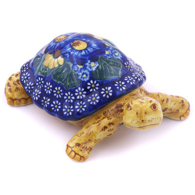 Polish Pottery Turtle Figurine 9&quot; Floral Fruit Basket UNIKAT