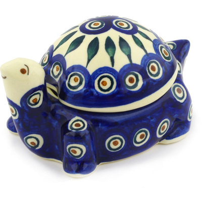 Polish Pottery Turtle Shaped Jar 4&quot; Blue Peacock
