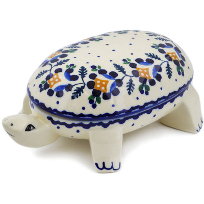 Polish Pottery Turtle Shaped Jar 6&quot; Orange And Blue Flower