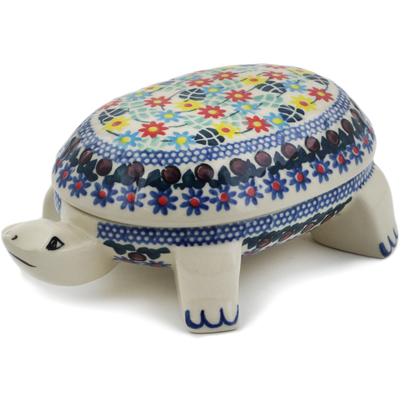 Polish Pottery Turtle Shaped Jar 6&quot; Primary Spring UNIKAT