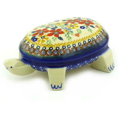 Polish Pottery Turtle Shaped Jar 6&quot; Summer Bouquet UNIKAT