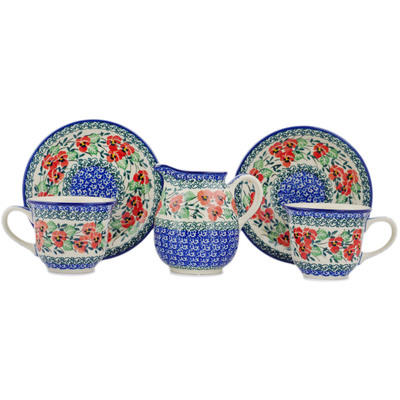 Polish Pottery Two Cups with Saucers and Creamer Red Pansy