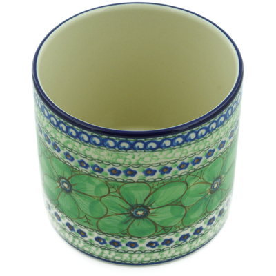 Polish Pottery Utensil Jar 5&quot; Green Pansies UNIKAT