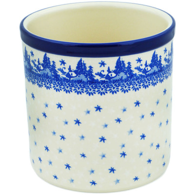 Polish Pottery Utensil Jar 6&quot; Blue Winter