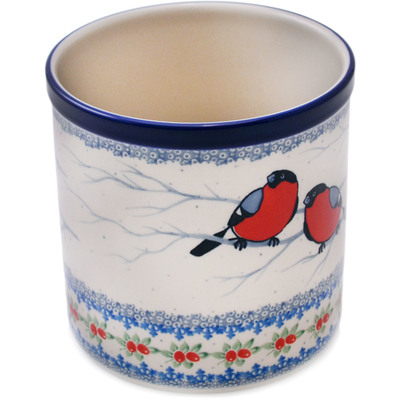 Polish Pottery Utensil Jar 6&quot; Bullfinch On Rowan Winter Berries UNIKAT