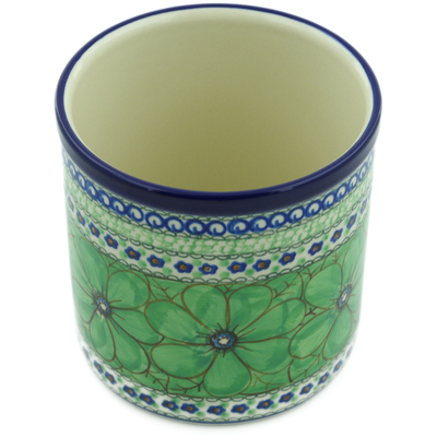 Polish Pottery Utensil Jar 6&quot; Green Pansies UNIKAT