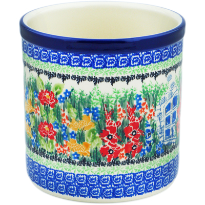 Polish Pottery Utensil Jar 6&quot; My Garden Window UNIKAT