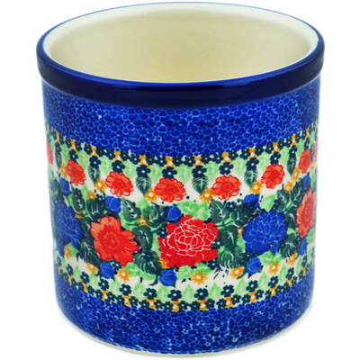 Polish Pottery Utensil Jar 6&quot; Red Meadow UNIKAT