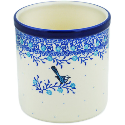 Polish Pottery Utensil Jar 6&quot; Winter  Blue Bird