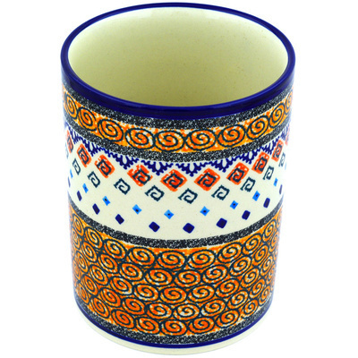 Polish Pottery Utensil Jar 7&quot; Aztec Swirls UNIKAT
